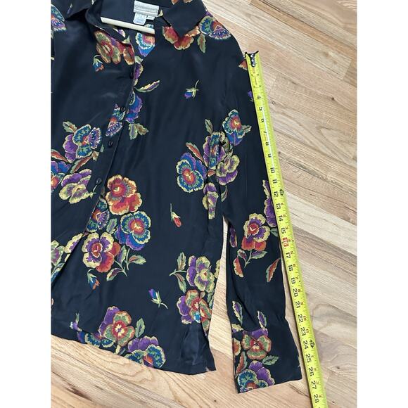 Coldwater Creek Silk Blouse Top Shirt Button Black Floral Medium Long Sleeve - Picture 9 of 10
